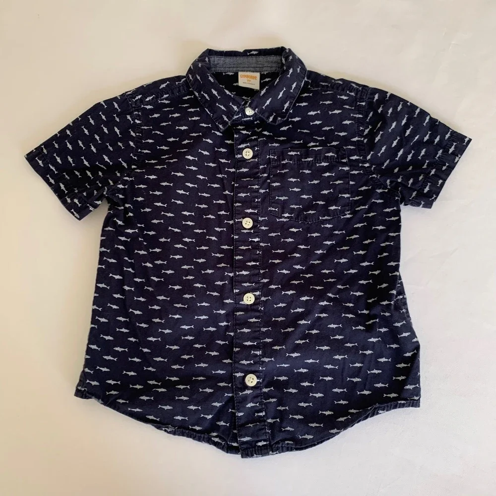 Gymboree Navy Blue Shark Print Button Down Shirt Boys 3T Nautical‎ Beach Coastal